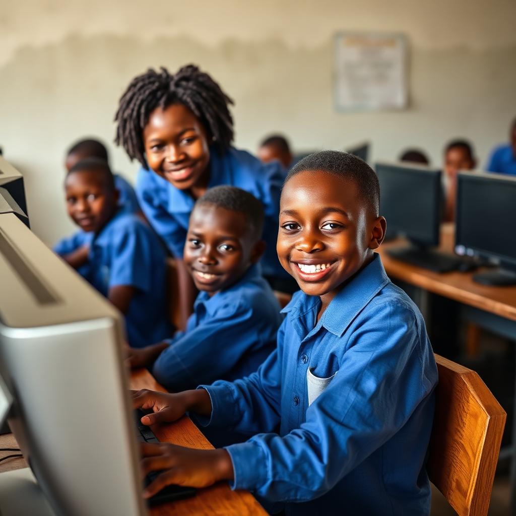 Élèves haïtiens devant des ordinateurs de bureau dans un laboratoire scolaire